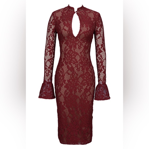 House of CB Pierette Dress Rhubarb Red Small Long Sleeve Body Con Midi Lace S